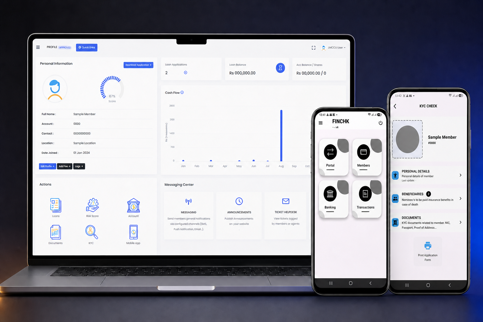 Finchk microfinance platform shown on desktop and mobile devices